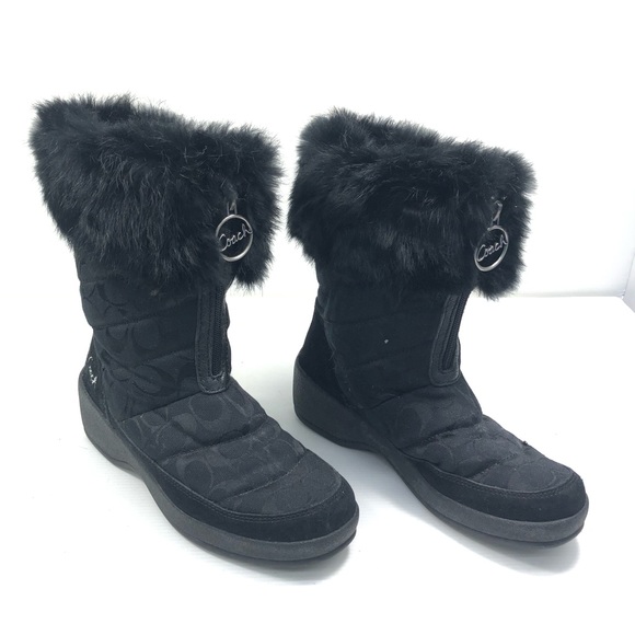 Coach Signature Faith Black Jacquard Rabbit Trim Front Zipper Waterproof Boots